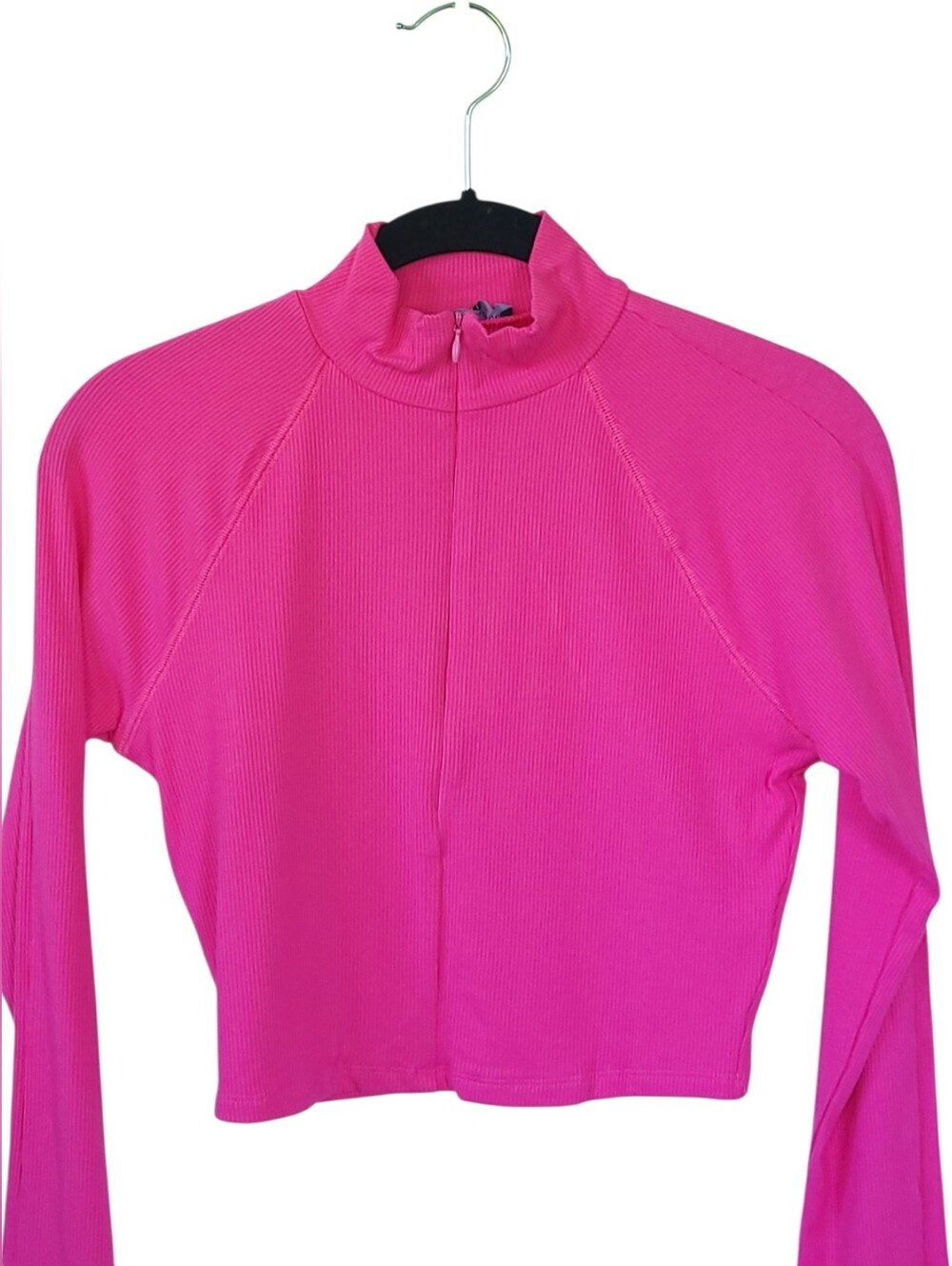 Naked Wardrobe NWOT Hot Pink Ribbed 1/2 Zip Crop Mock Neck Top Y2K Baddie L - Picture 3 of 12